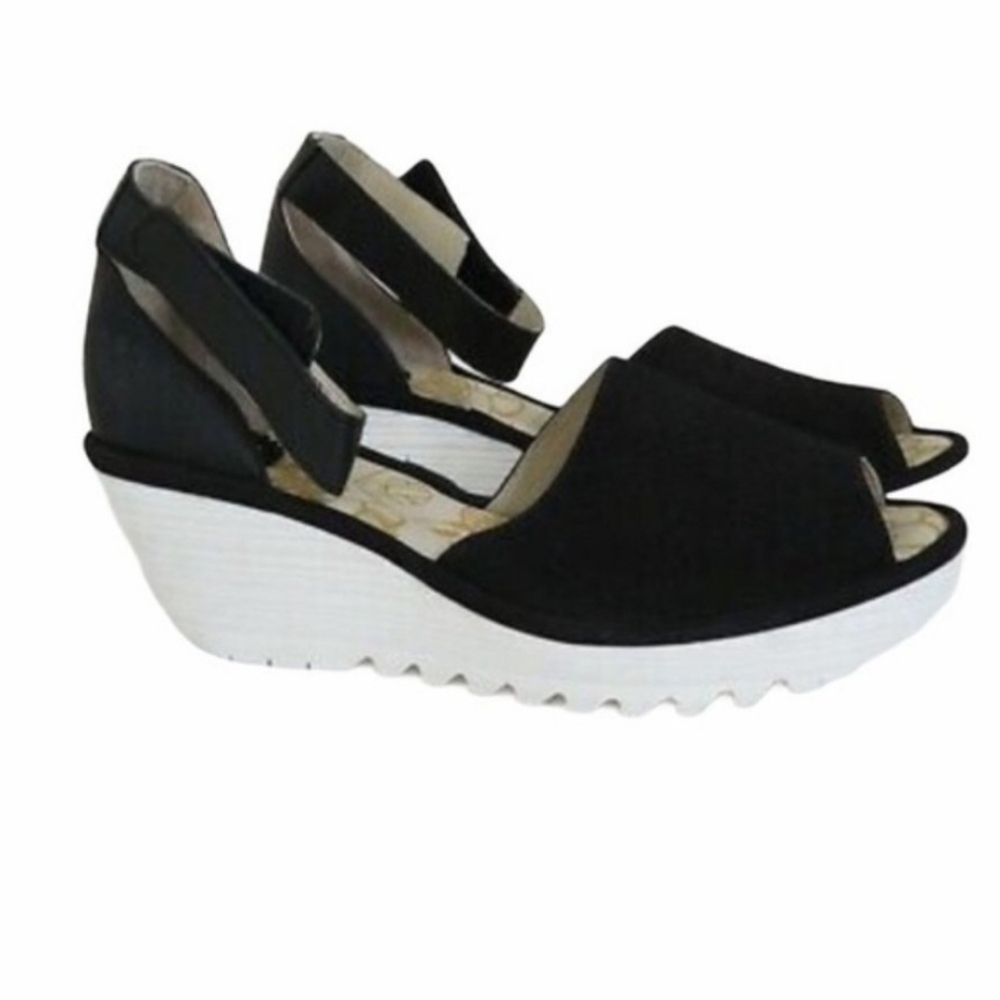 FLY London Leather Sandals - Yake Black With White Sole Size Euro 40